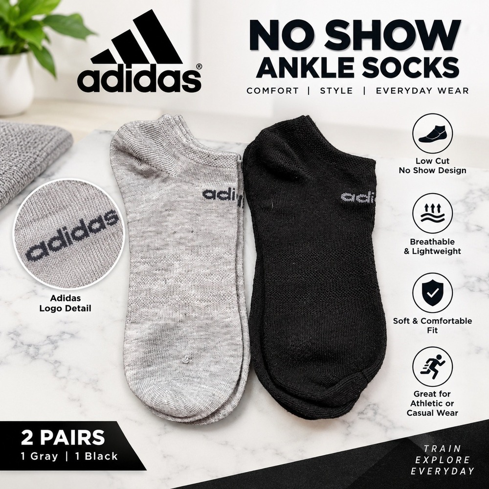 Adidas No Show Ankle Socks 2 Pairs Black Gray Low Cut Athletic Casual Socks